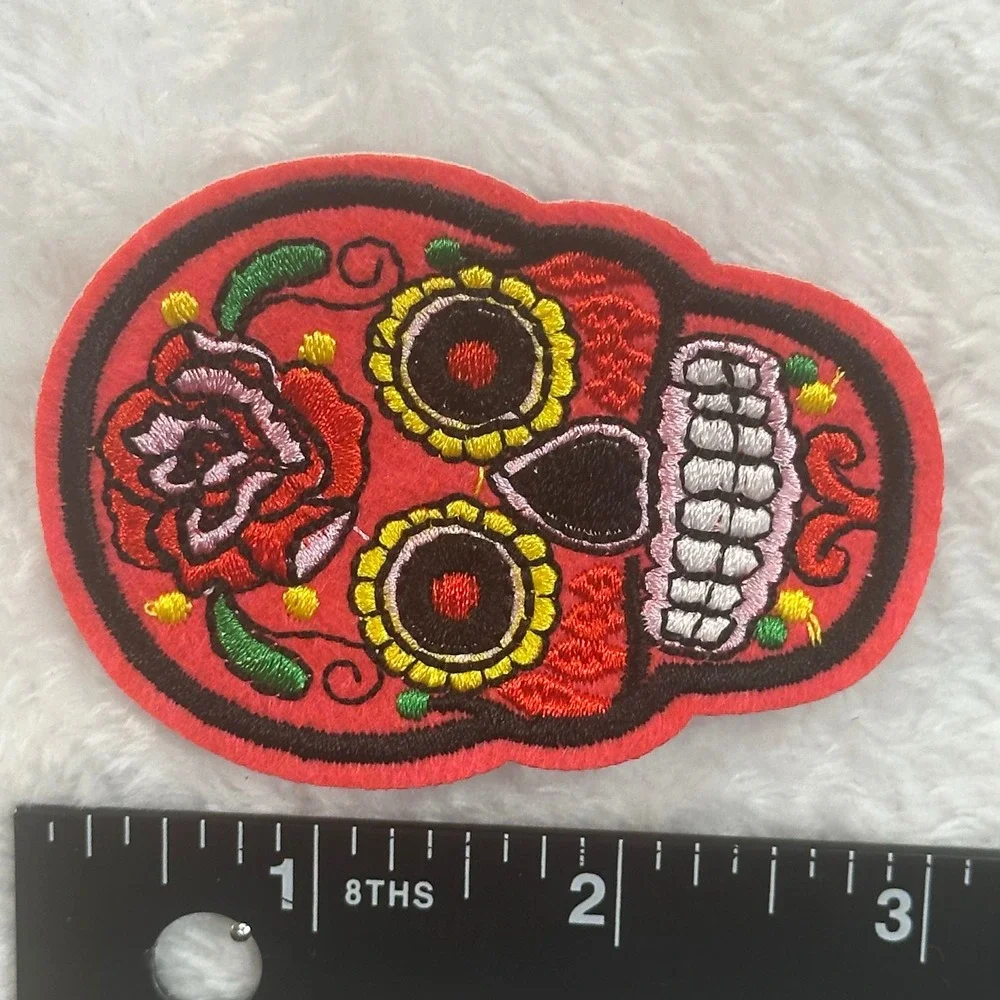 Sugar Skull Iron On Patch Red Embroidered Day of the Dead Rose Floral Calavera